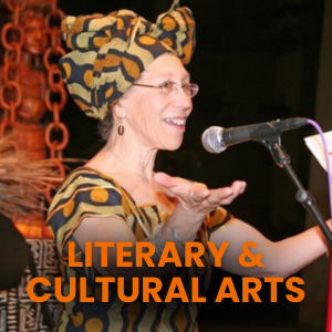 women in tradition African clothing with the text Literary & Cultural Arts