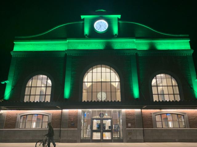 Amtrak Train Station in Schenectady Lit Up in Green in Honor of Veterans