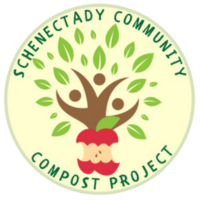 Schenectady Community Compost Project Logo. graphic photo of a discarded apple core, celebrating human figures, and green leaves in the shape of a tree.